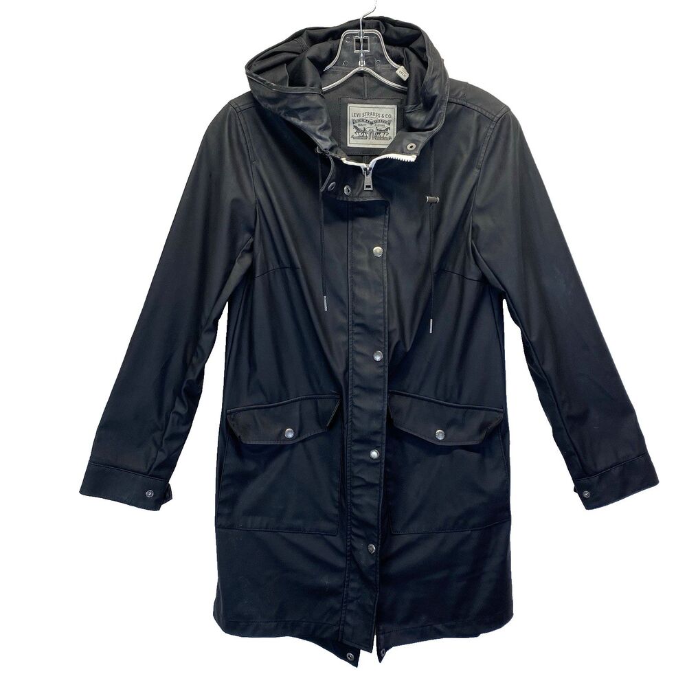 Levi Strauss Hooded Rain Jacket Unisex XXS Black Snap Full Zip Water Resistant